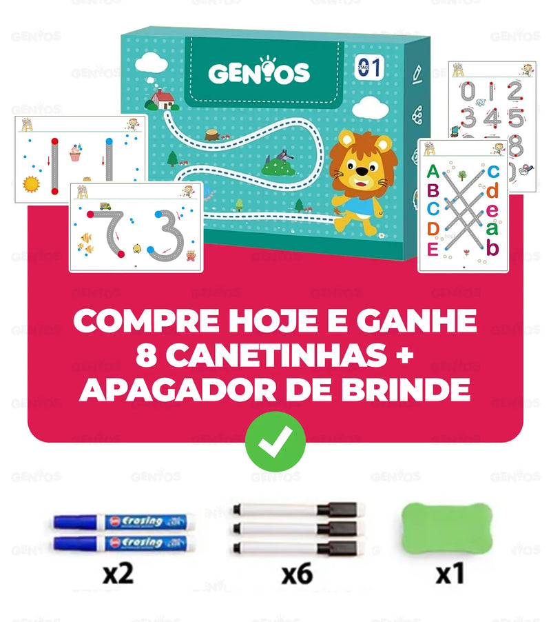 Livro de Desenvolvimento Infantil Gênios® + 8 Canetinhas e Apagador de Brinde